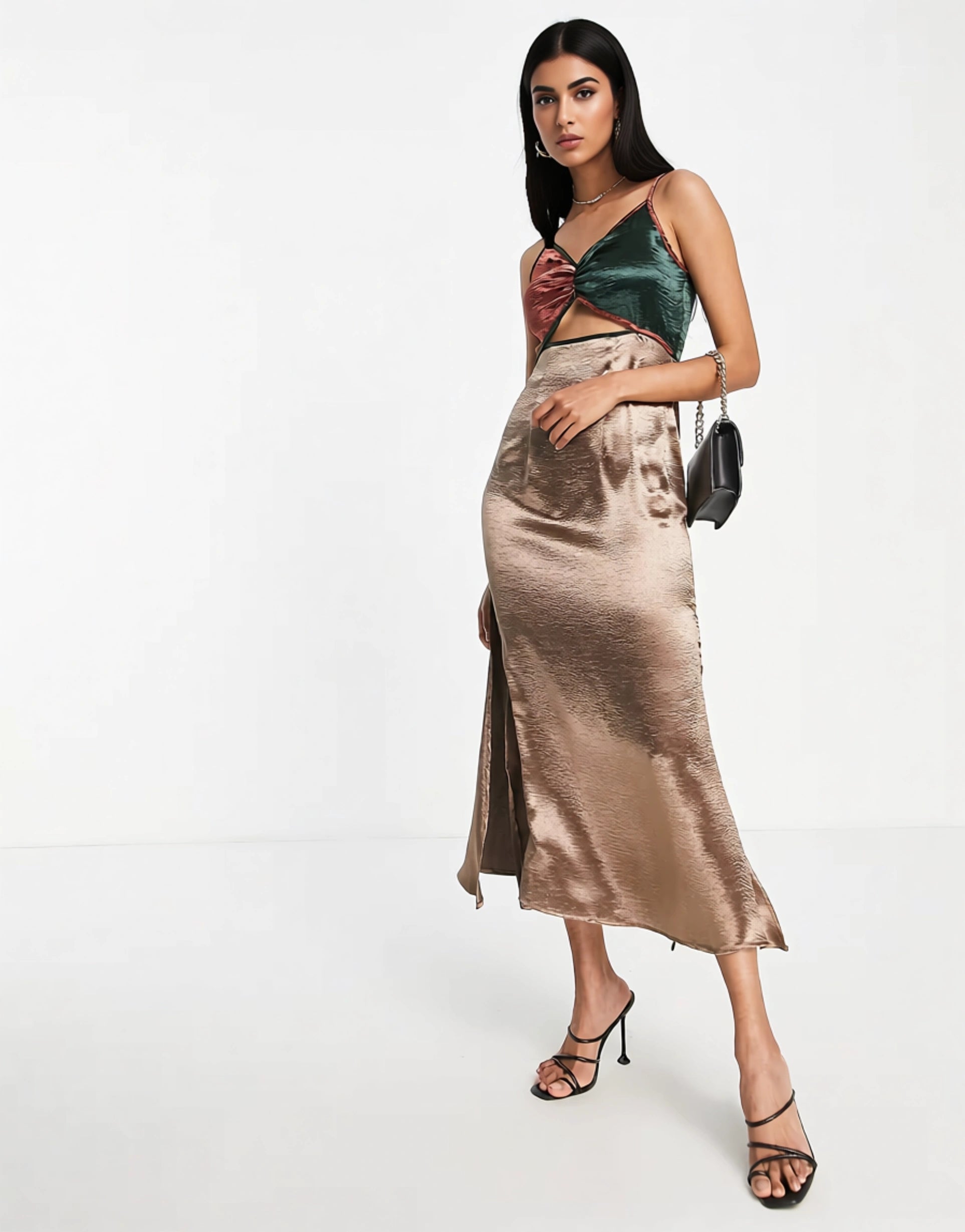 Never Fully Dressed Womens Colour Block Cut-Out Midi Slip Dress in Bronze