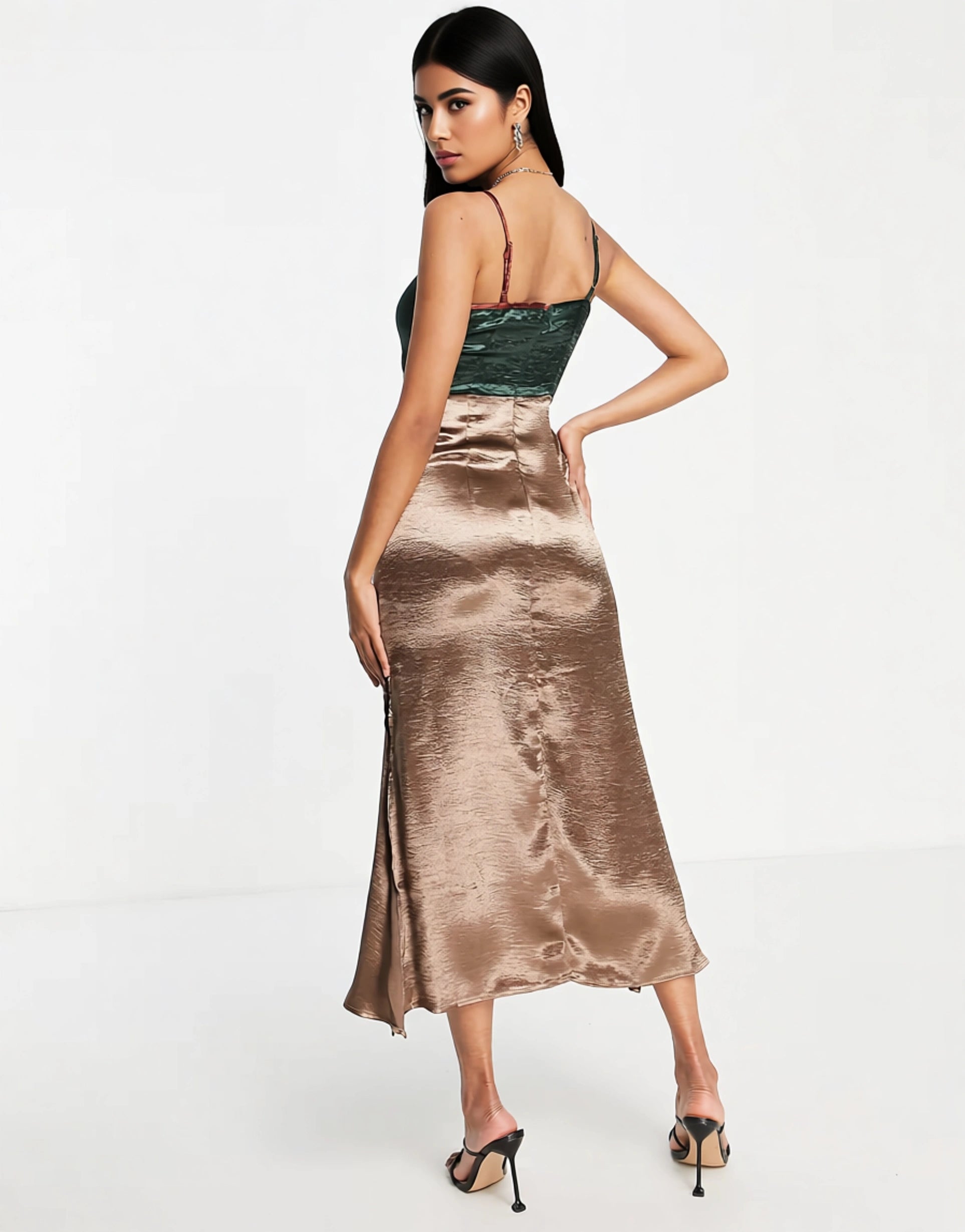 Never Fully Dressed Womens Colour Block Cut-Out Midi Slip Dress in Bronze