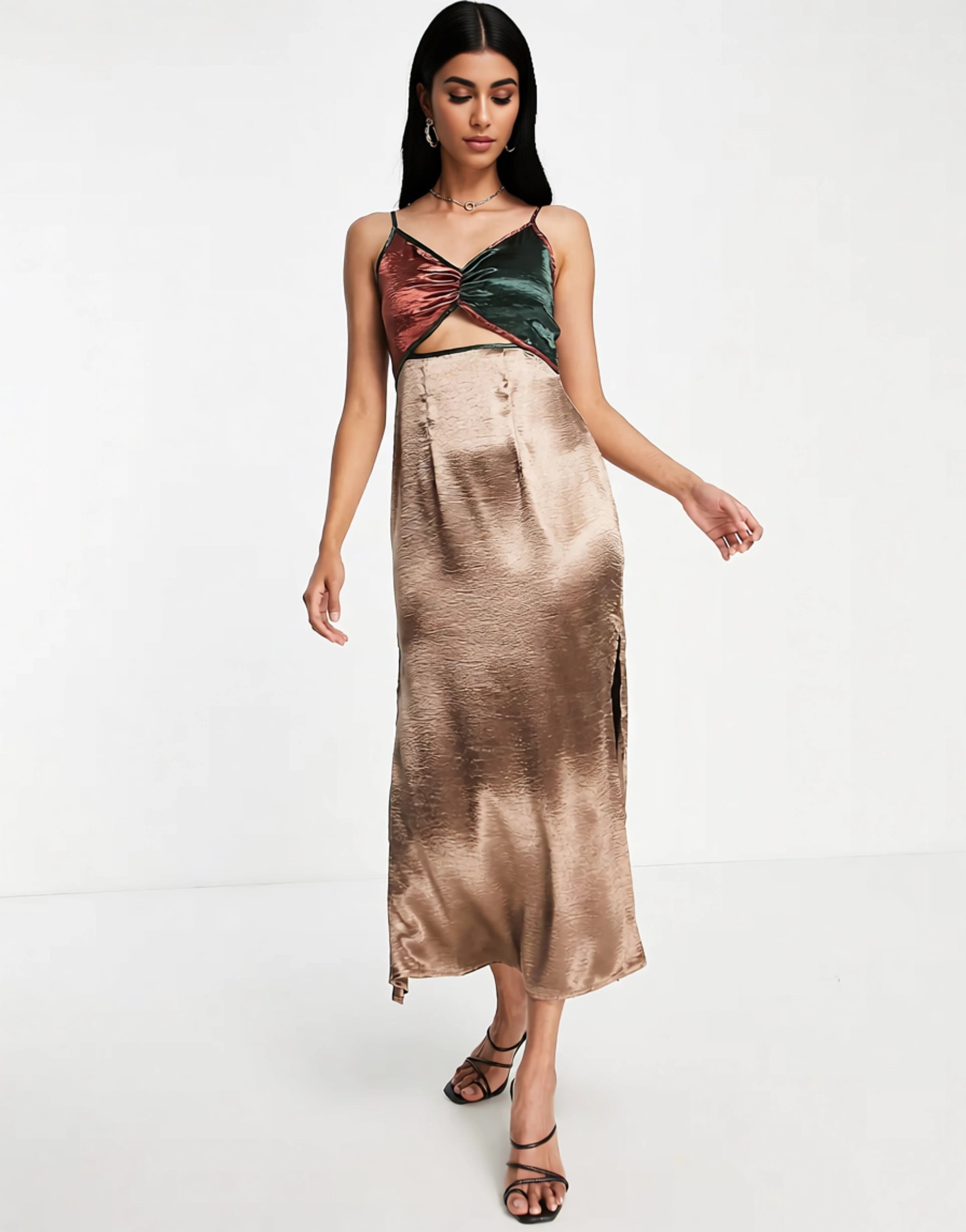 Never Fully Dressed Womens Colour Block Cut-Out Midi Slip Dress in Bronze