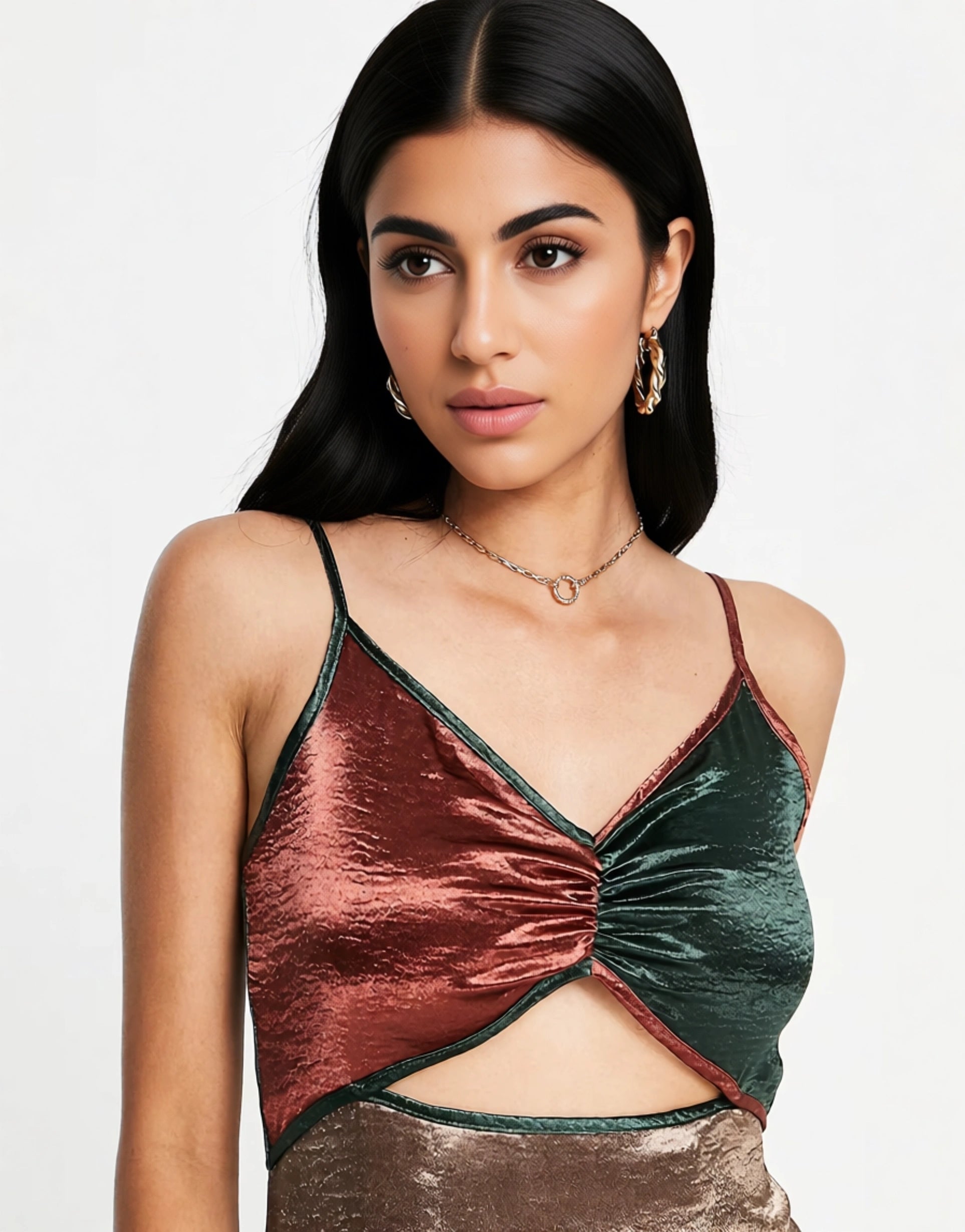 Never Fully Dressed Womens Colour Block Cut-Out Midi Slip Dress in Bronze