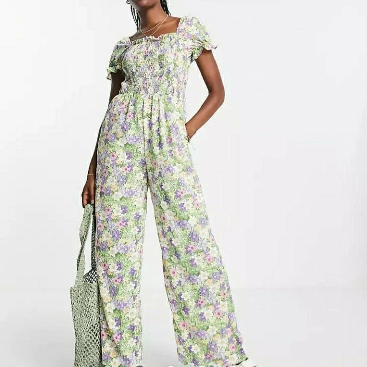 QED London Womens Square Neck Wide Leg Jumpsuit in Green Floral
