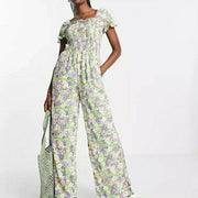 QED London Womens Square Neck Wide Leg Jumpsuit in Green Floral