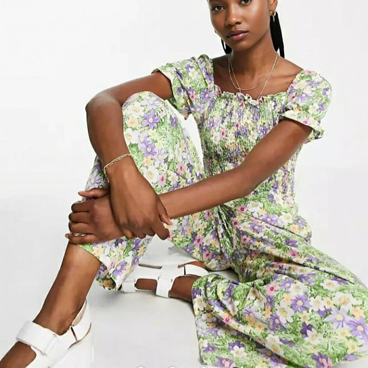 QED London Womens Square Neck Wide Leg Jumpsuit in Green Floral