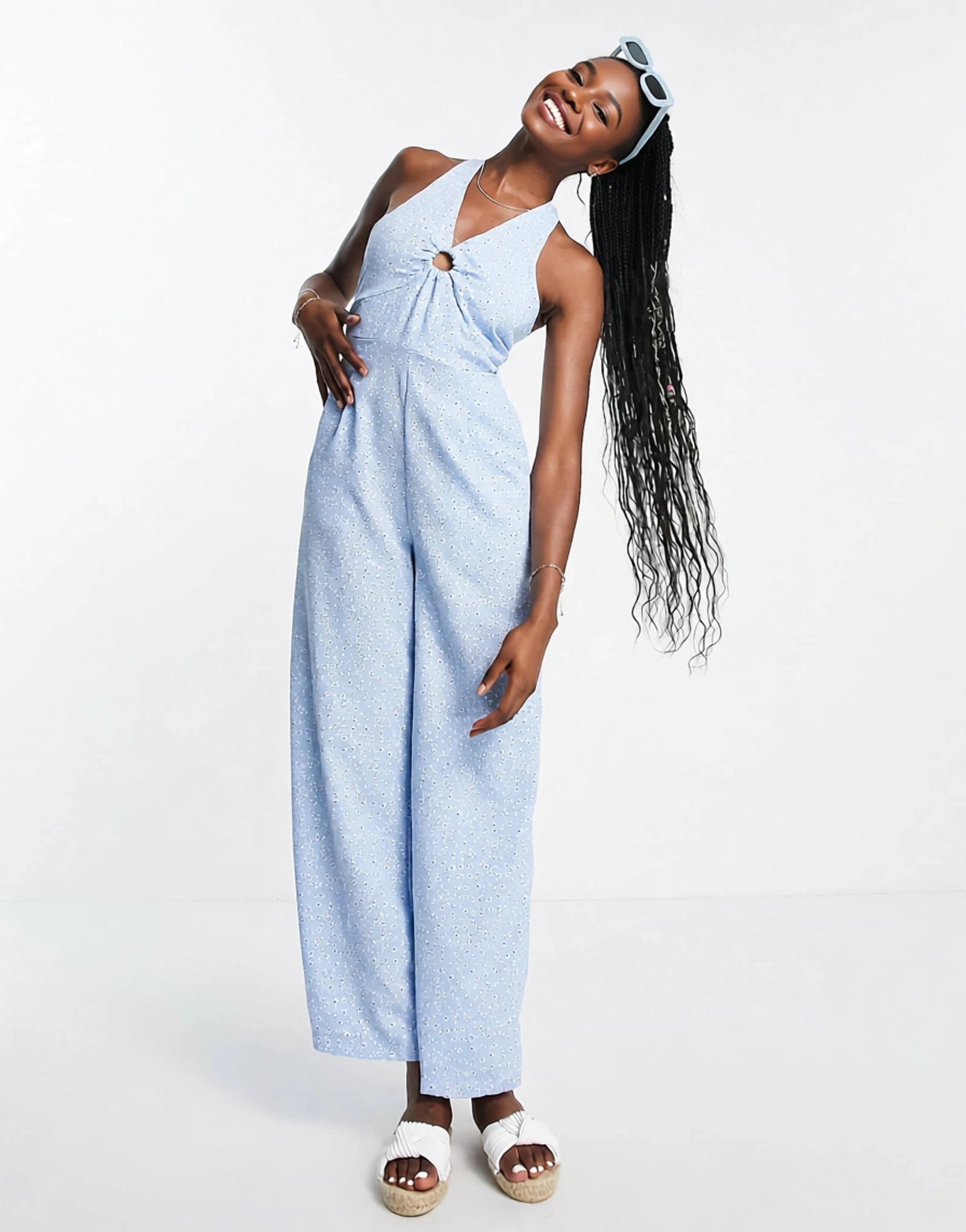QED London Womens Halterneck Ring Detail Jumpsuit in Blue Floral Print