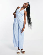 QED London Womens Halterneck Ring Detail Jumpsuit in Blue Floral Print