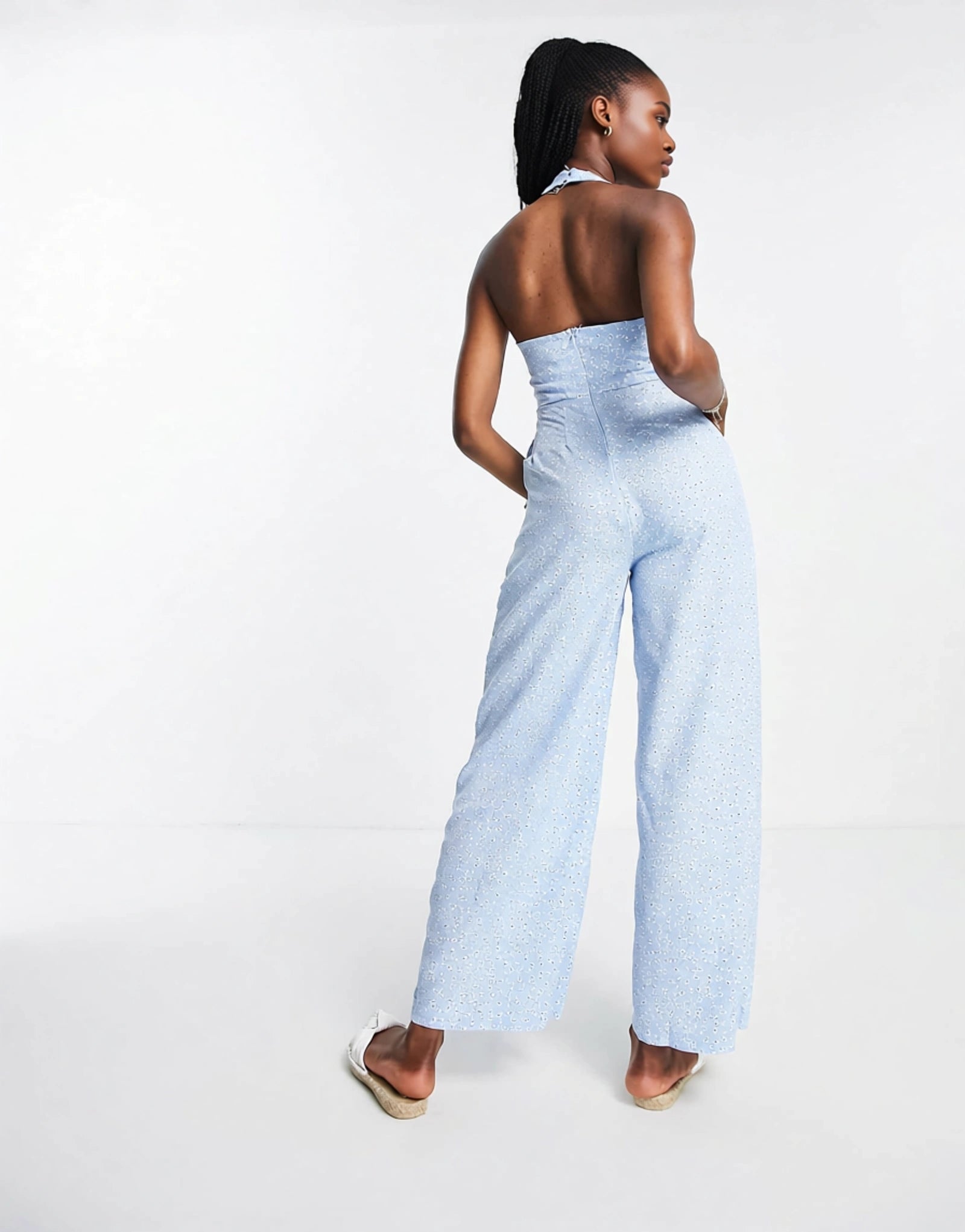 QED London Womens Halterneck Ring Detail Jumpsuit in Blue Floral Print