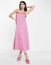 Mango Womens Cami Slip Midi Dress in Pink Polka Dot In Pink