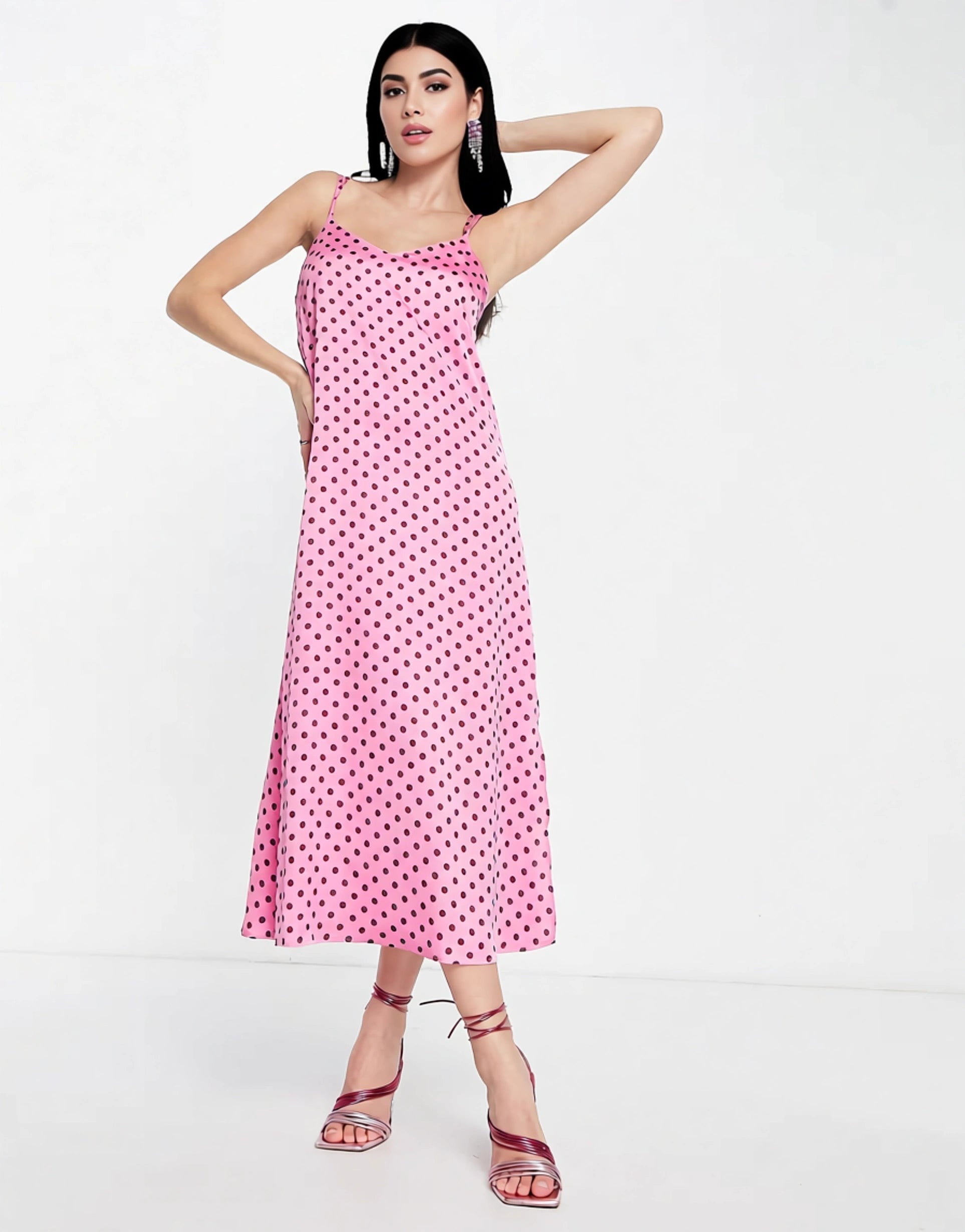 Mango Womens Cami Slip Midi Dress in Pink Polka Dot In Pink