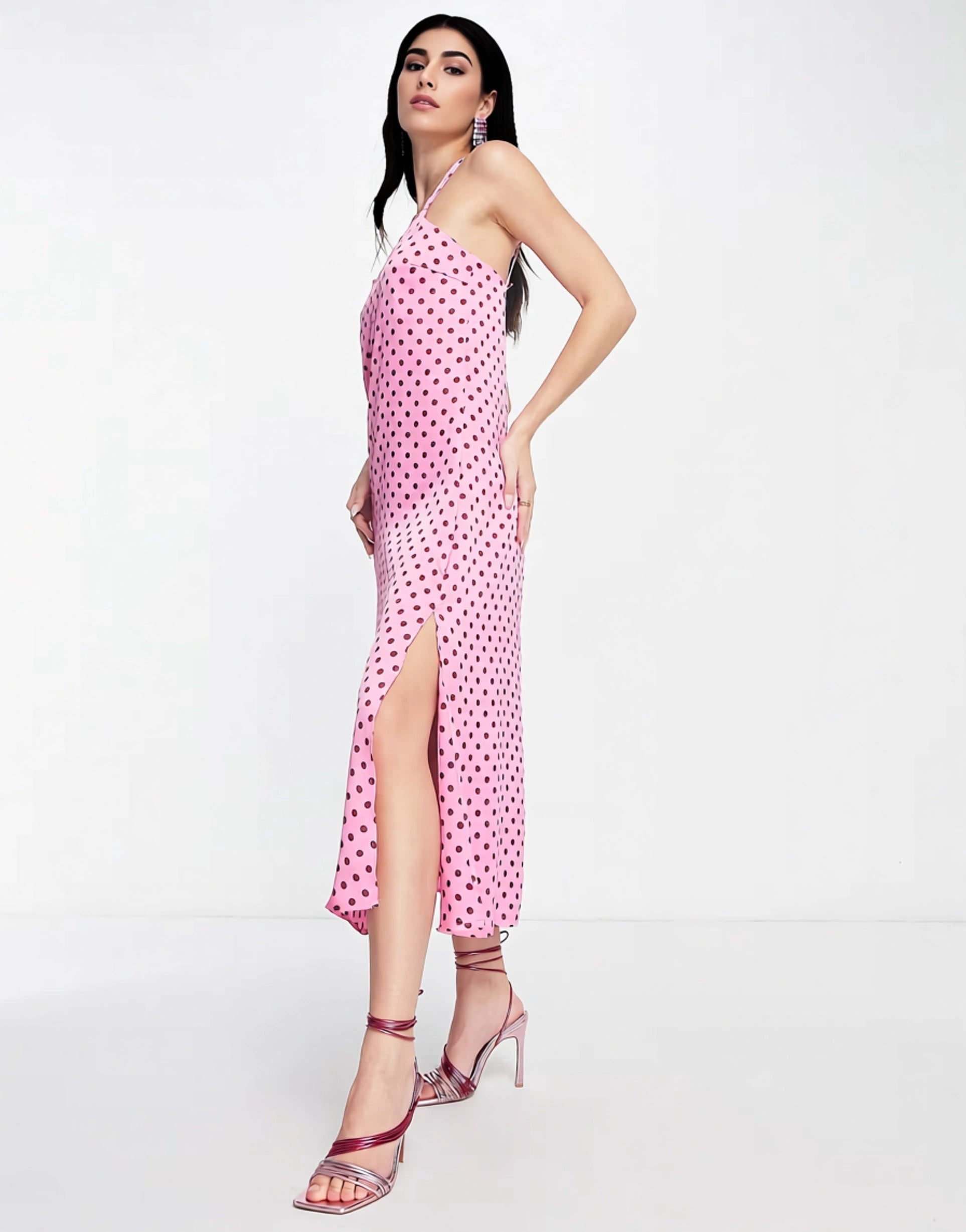 Mango Womens Cami Slip Midi Dress in Pink Polka Dot In Pink