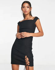 Womens Vesper Bardot Mini Dress With Lace Up Side Detail In Black