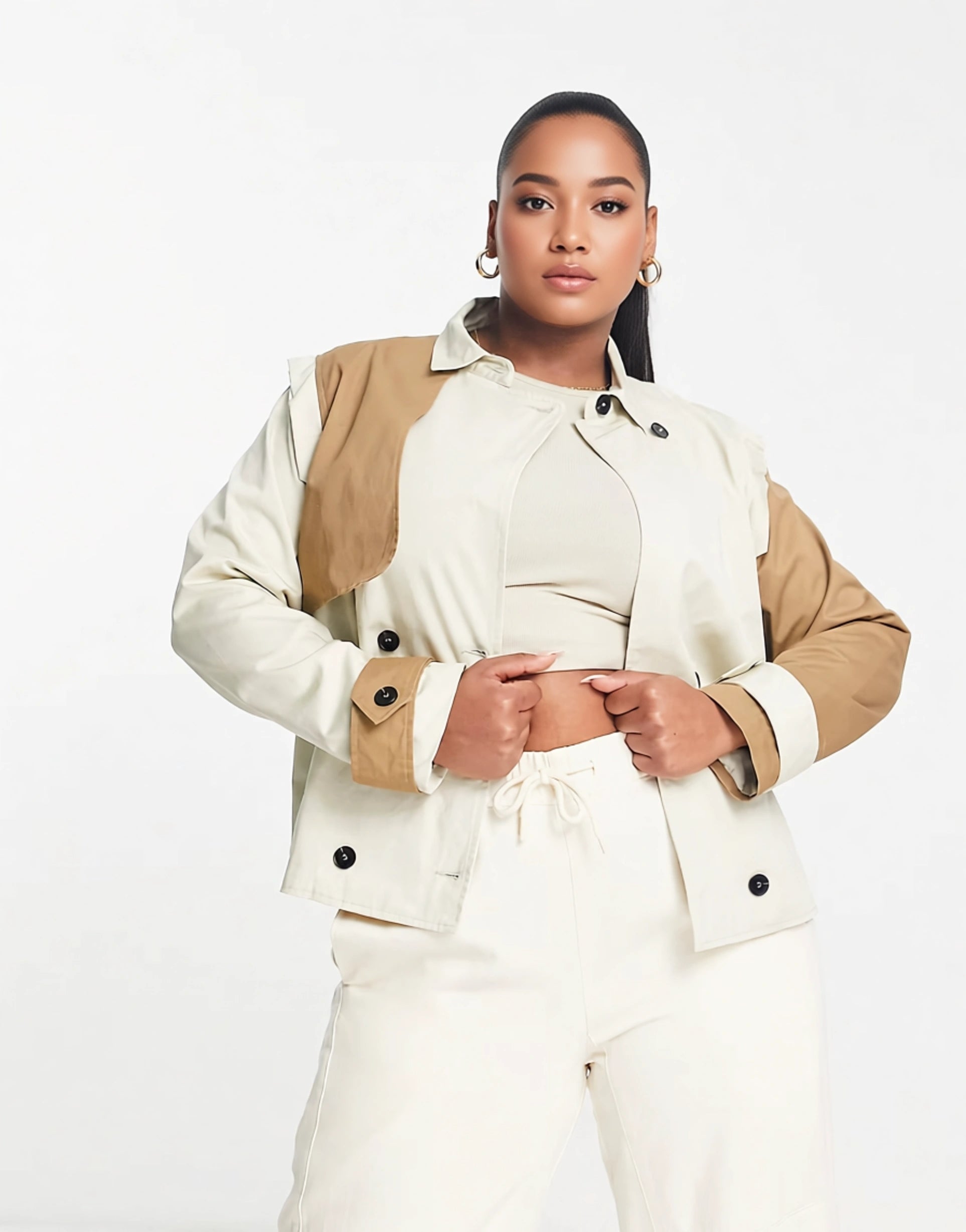 Womens Unique21 Hero Plus Contrast Colour Cropped Trench Coat In Beige