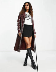 Pimkie Womens Vinyl Longline Coat With Tie Detail in Bordeaux In Red