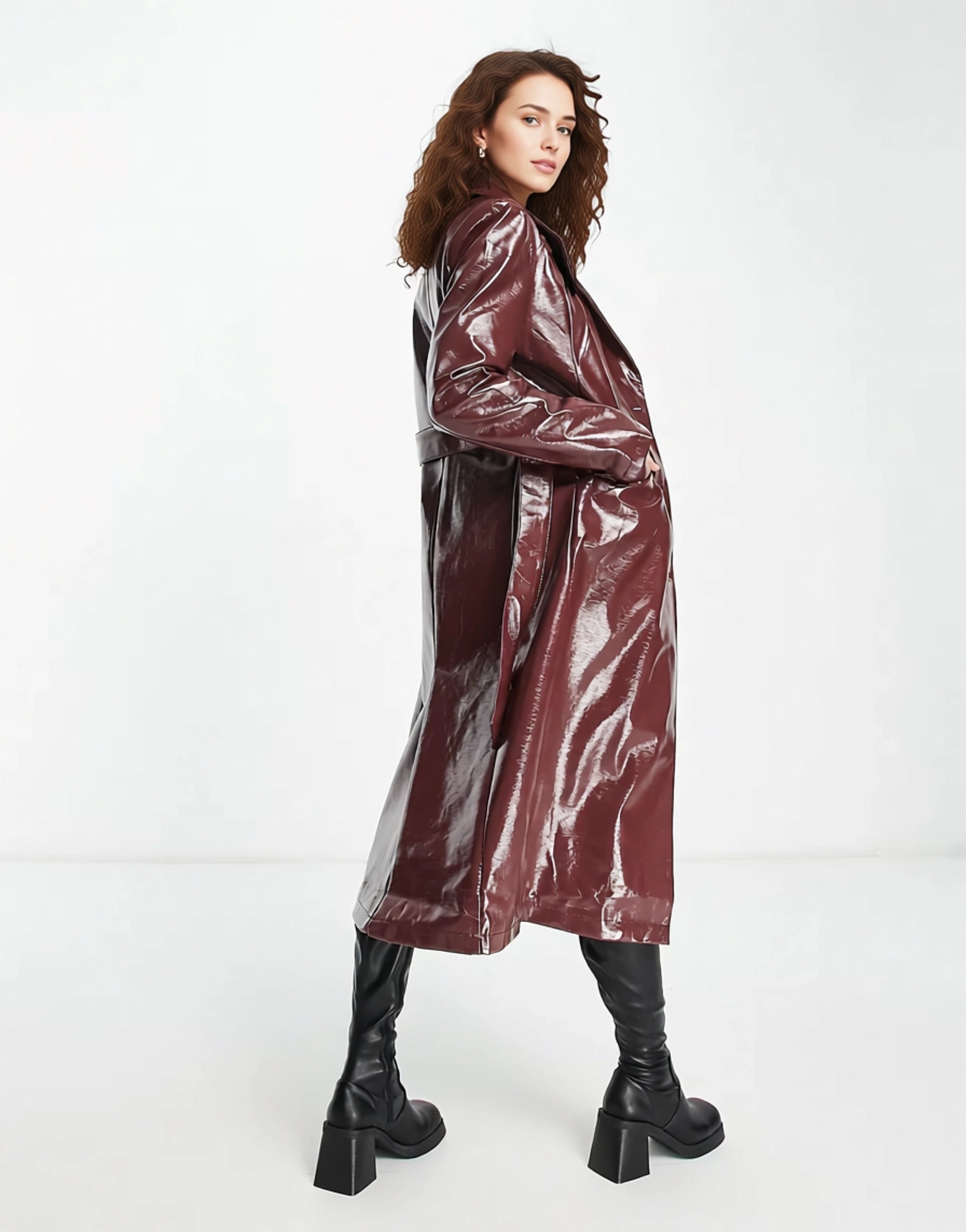 Pimkie Womens Vinyl Longline Coat With Tie Detail in Bordeaux In Red