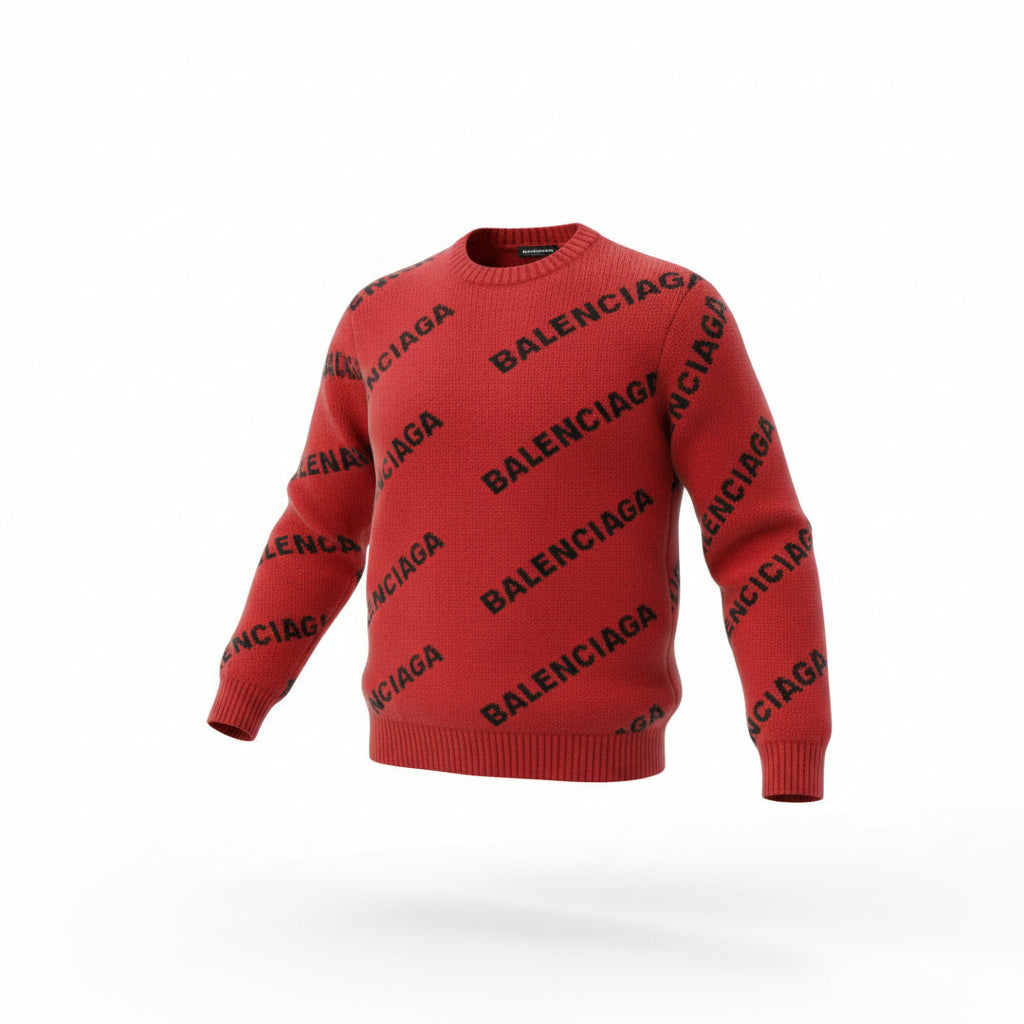Balenciaga Mens Red Allover Jacquard Knitted Wool Jumper