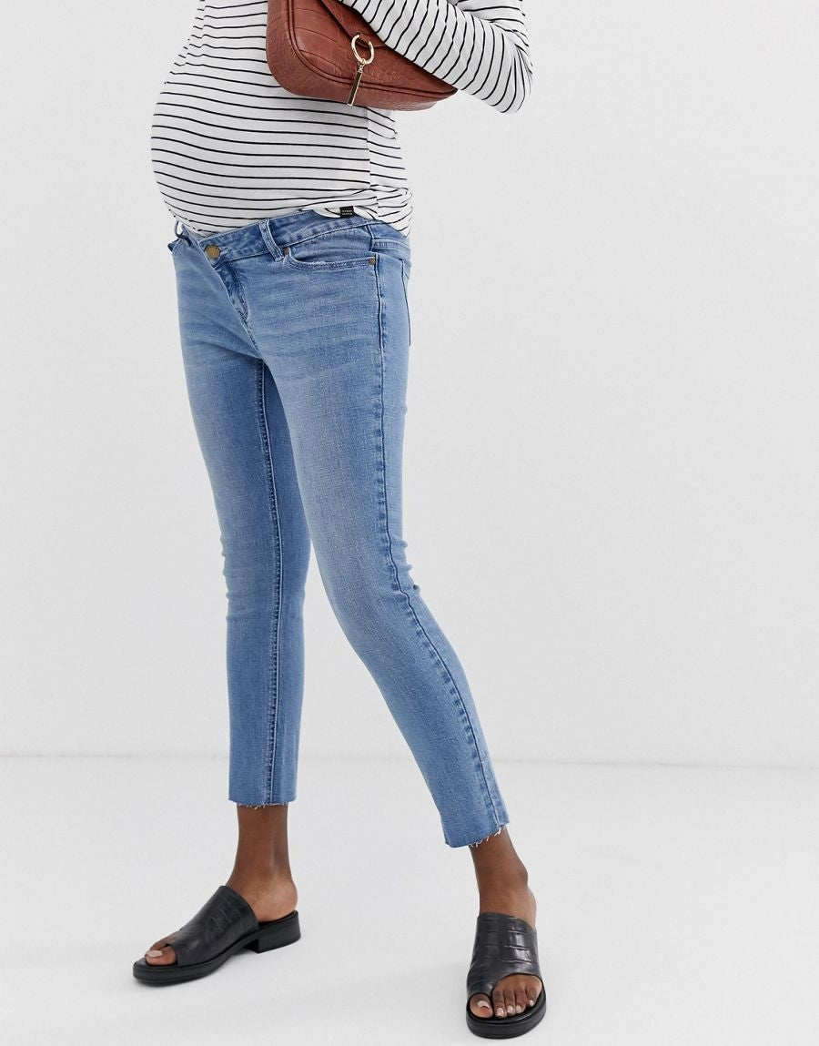 Bandia Womens Maternity Ankle Grazer Skinny Jeans Band In Blue