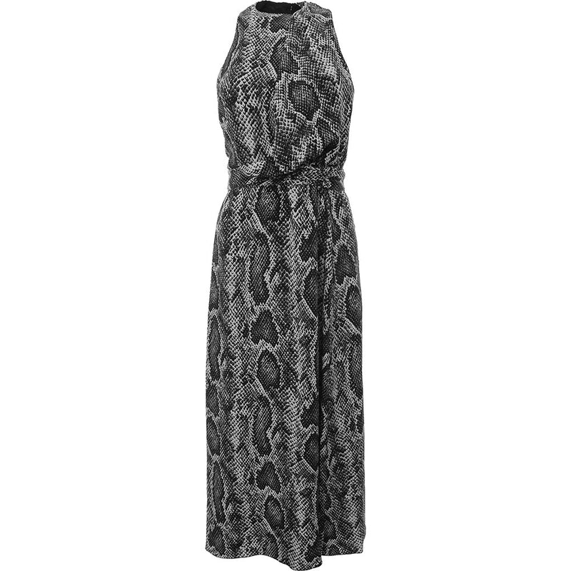 RAEY Womens Snake Print Cross Front Silk Halter Dress in Grey