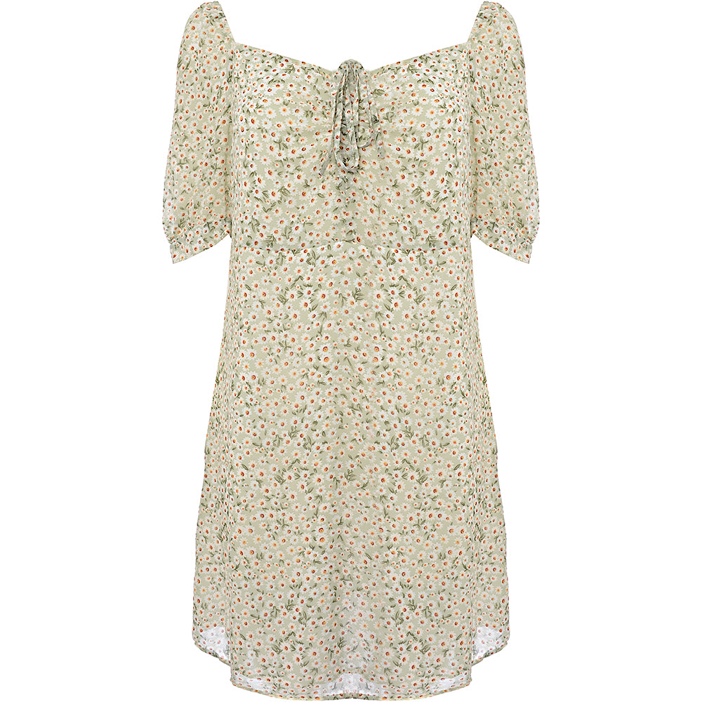 Only Mini Dress with Ruched Bust and Puff in Green Flora