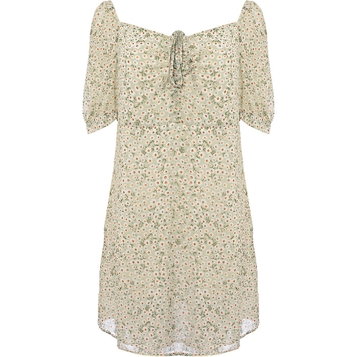 Only Mini Dress with Ruched Bust and Puff in Green Flora