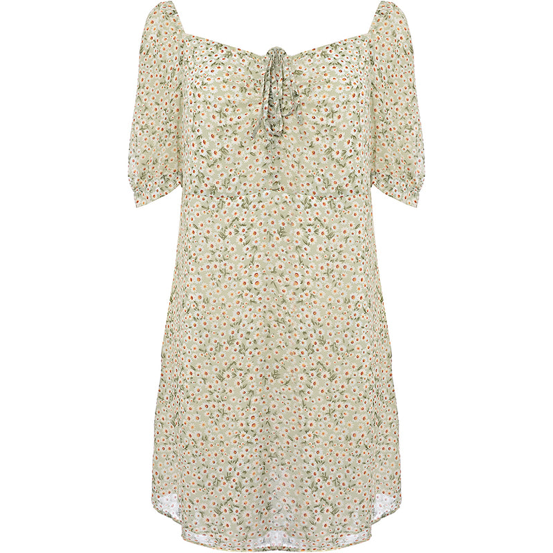 Only Mini Dress with Ruched Bust and Puff in Green Flora