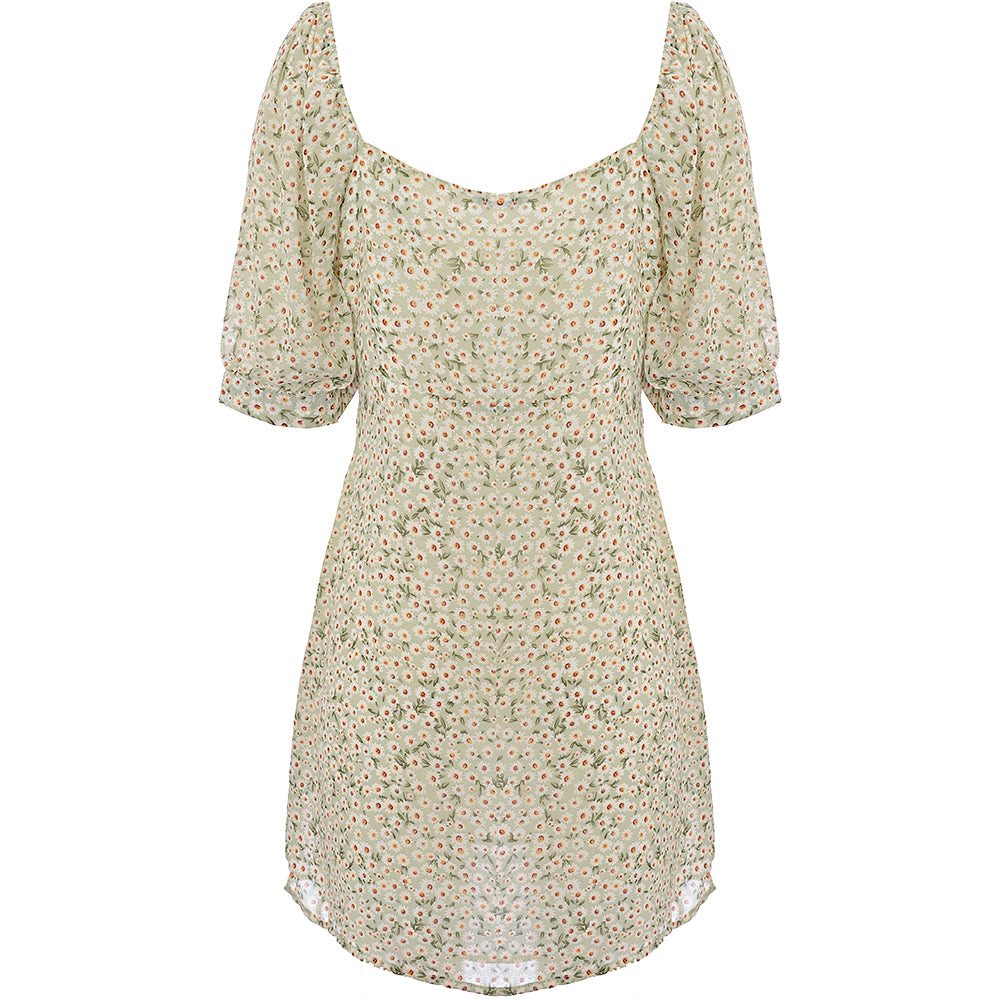 Only Mini Dress with Ruched Bust and Puff in Green Flora