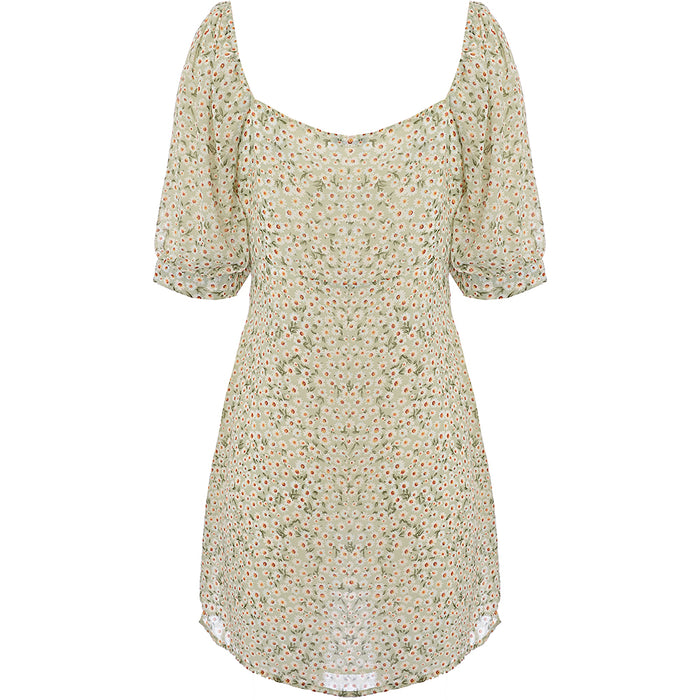 Only Mini Dress with Ruched Bust and Puff in Green Flora