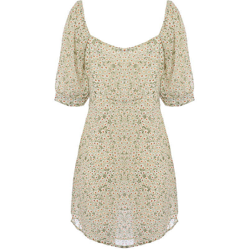 Only Mini Dress with Ruched Bust and Puff in Green Flora