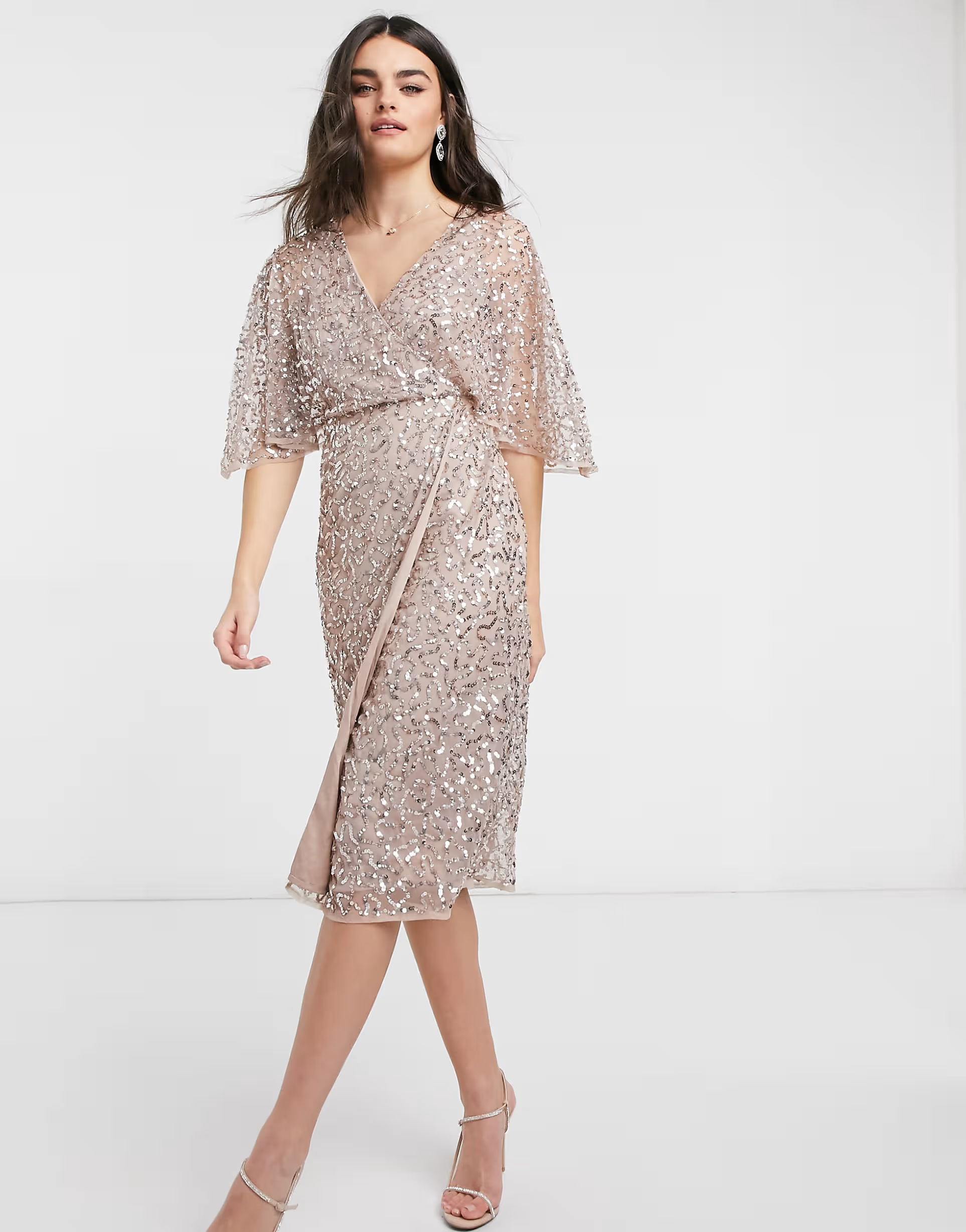 Maya Womens Bridesmaid Delicate Sequin Wrap Midi Dress in Taupe Blush