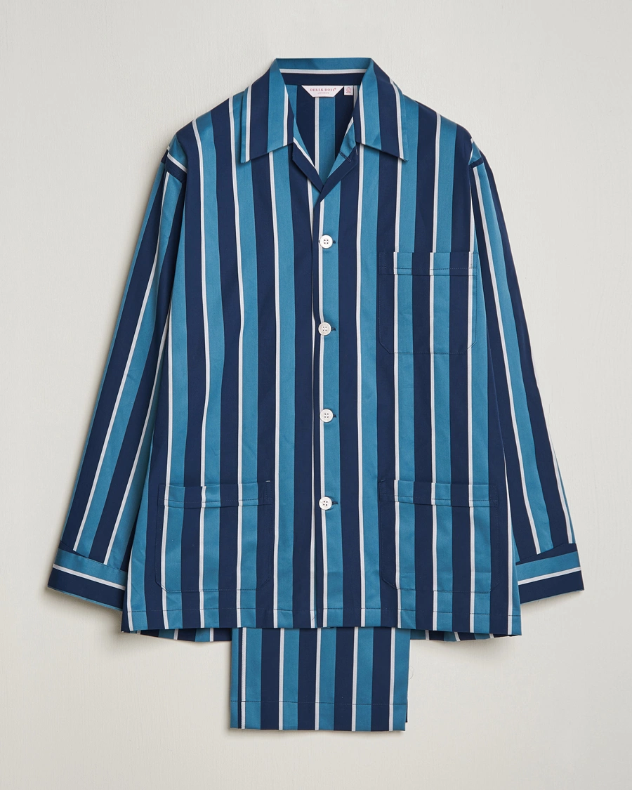 Mens Derek Rose Pyjama Sets In Blue Stripe