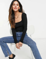 River Island Womens Long Sleeved Square Neck Top In Black