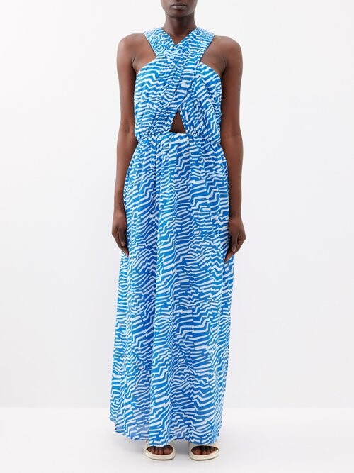 Womens Bird & Knoll Long Sun Dresses In Blue/White