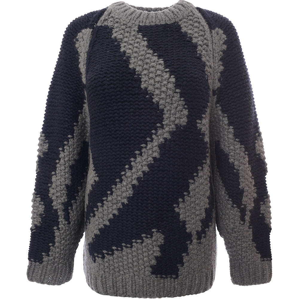 RAEY Womens Responsible Geometric Handknit Crew in Grey