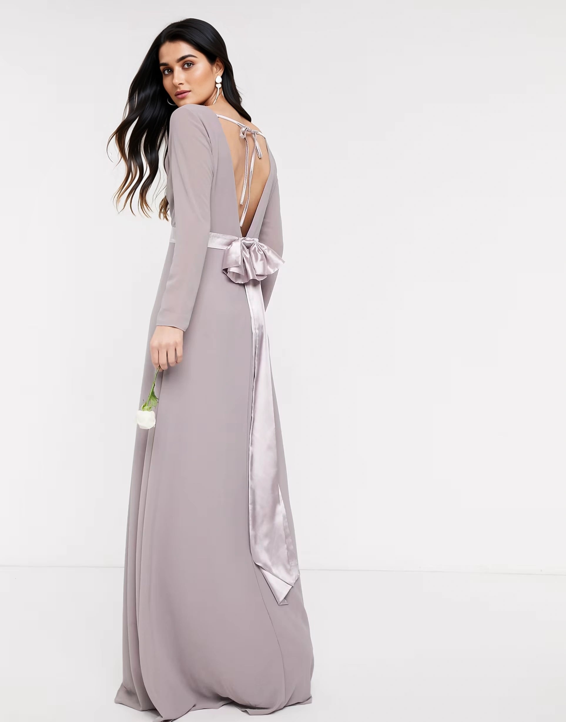 Tfnc Womens Tall Bridesmaids Long Sleeve Bow Back Maxi Dress Dress in Grey