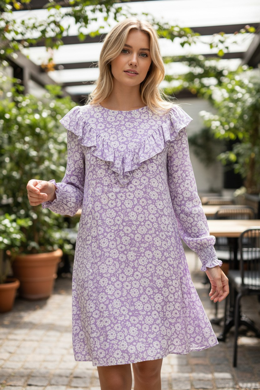 Monki Womens Floral Print Ruffle Detail Smock Dress in Lilac