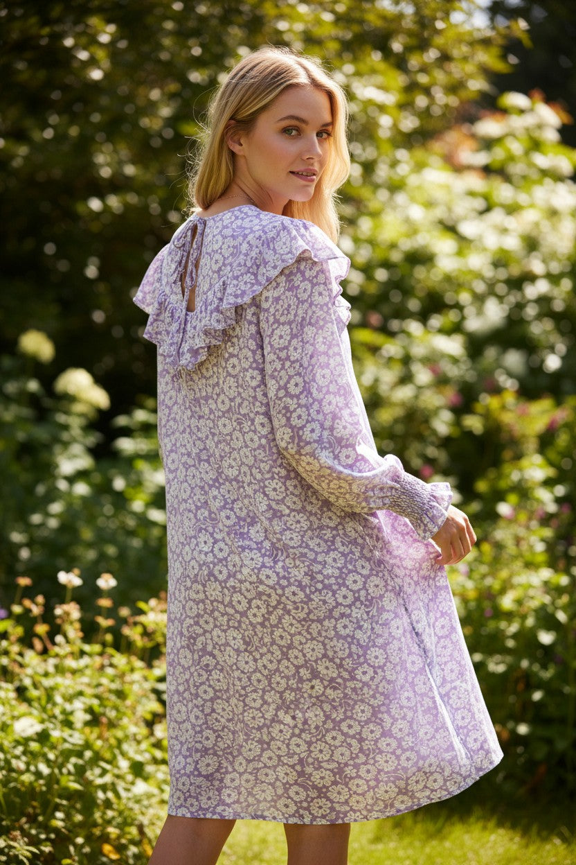 Monki Womens Floral Print Ruffle Detail Smock Dress in Lilac