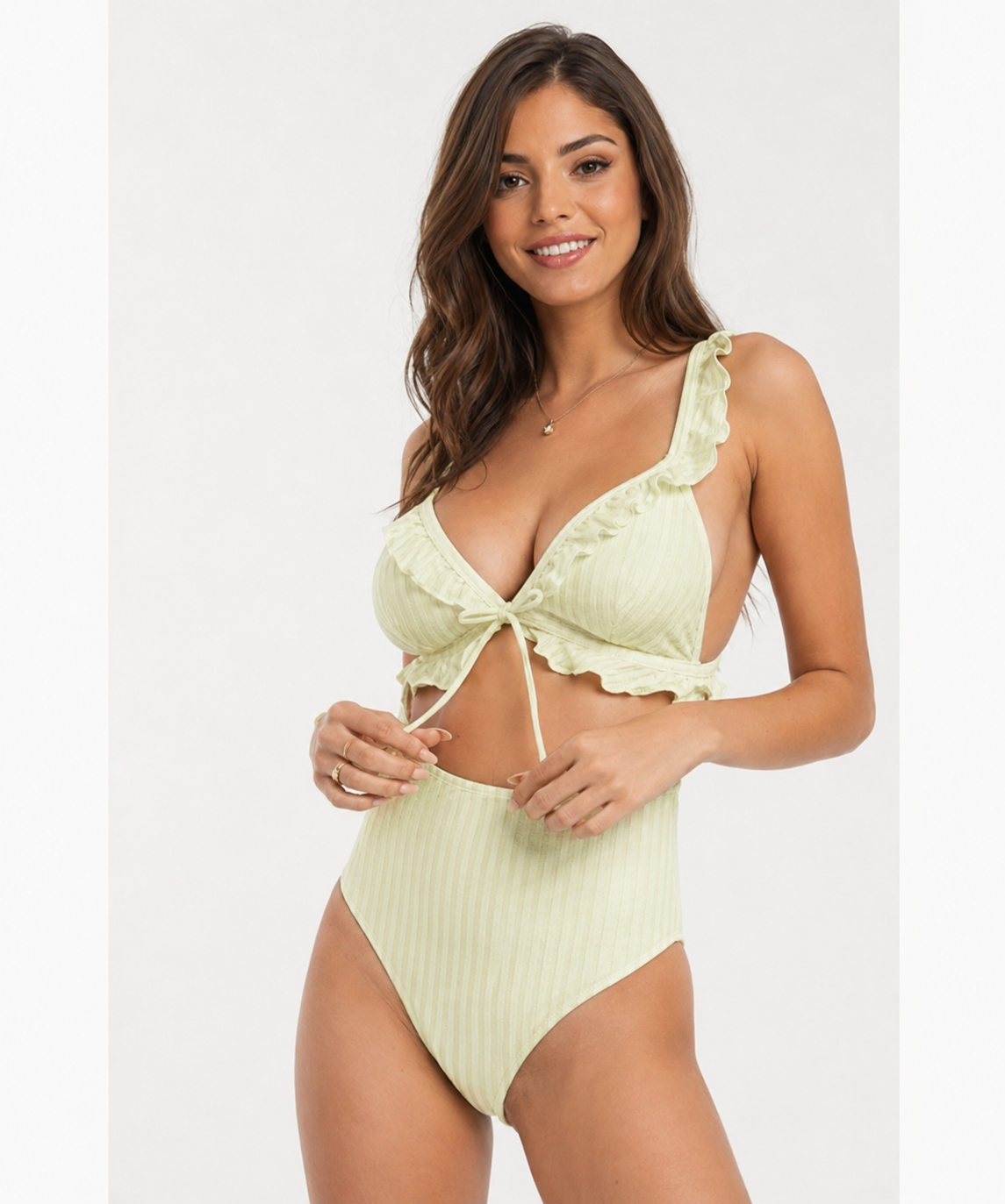 Peek & Beau Womens Fuller Bust Frill Swimsuit in Yellow Stripe