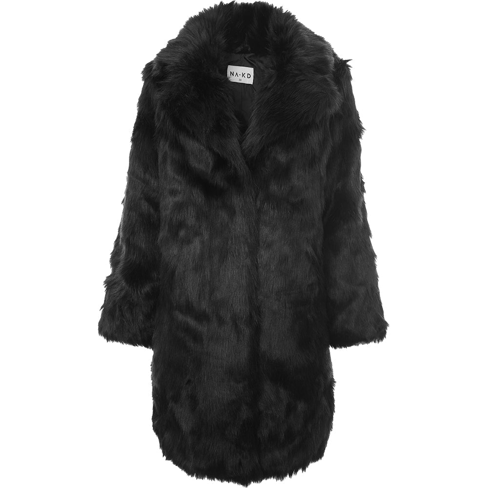 NA-KD Womens Black Faux Fur Coat