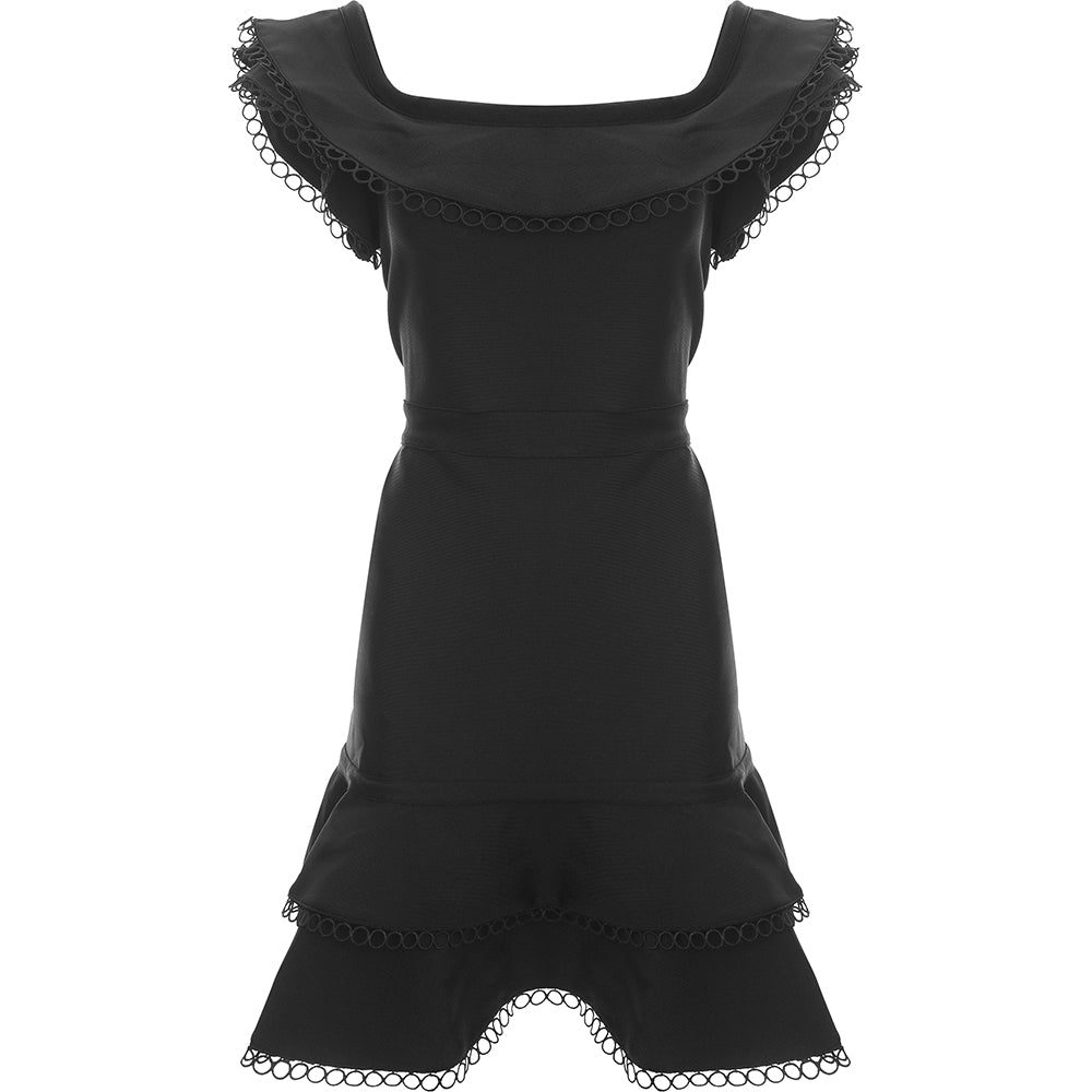 Lipsy Women's Black Bardot Ruffle Lace Hem Dress