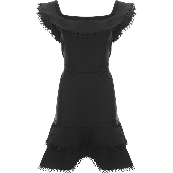 Lipsy Women's Black Bardot Ruffle Lace Hem Dress