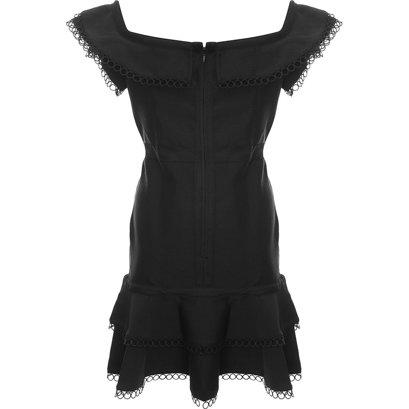 Lipsy Women's Black Bardot Ruffle Lace Hem Dress