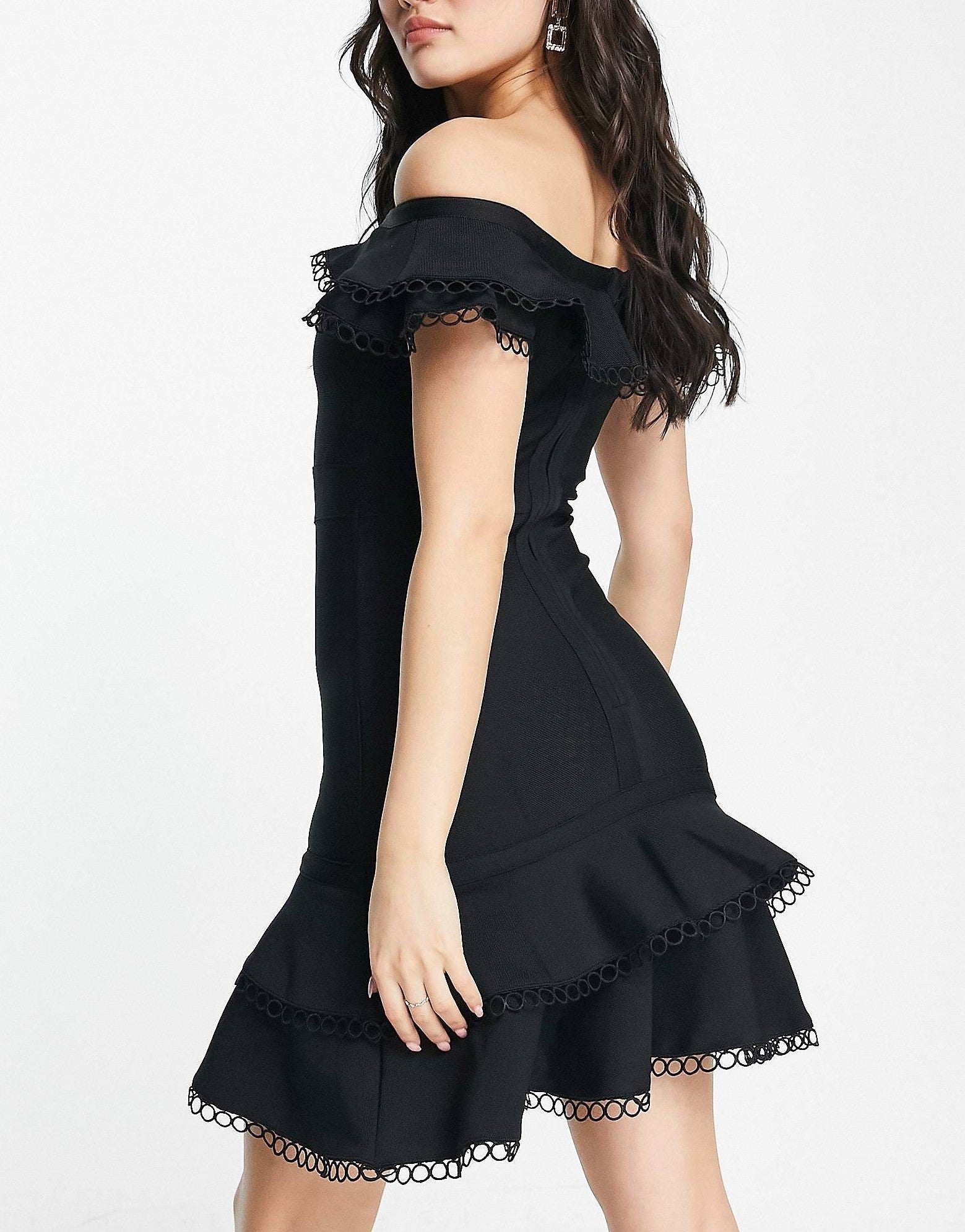 Lipsy Womens Bardot Ruffle Lace Hem Dress In Black