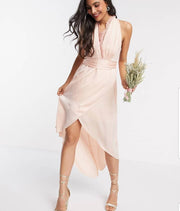 TFNC Womens Bridesmaid Halter Neck Wrap Midi With Lace Insert In Pink