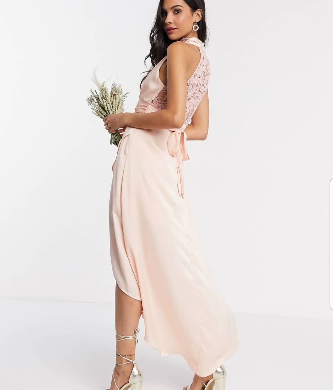 TFNC Womens Bridesmaid Halter Neck Wrap Midi With Lace Insert In Pink