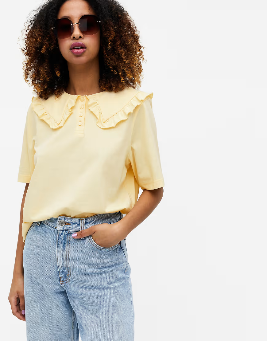 Monki Womens Magnhild Cotton Oversized Collar T-Shirt In Yellow