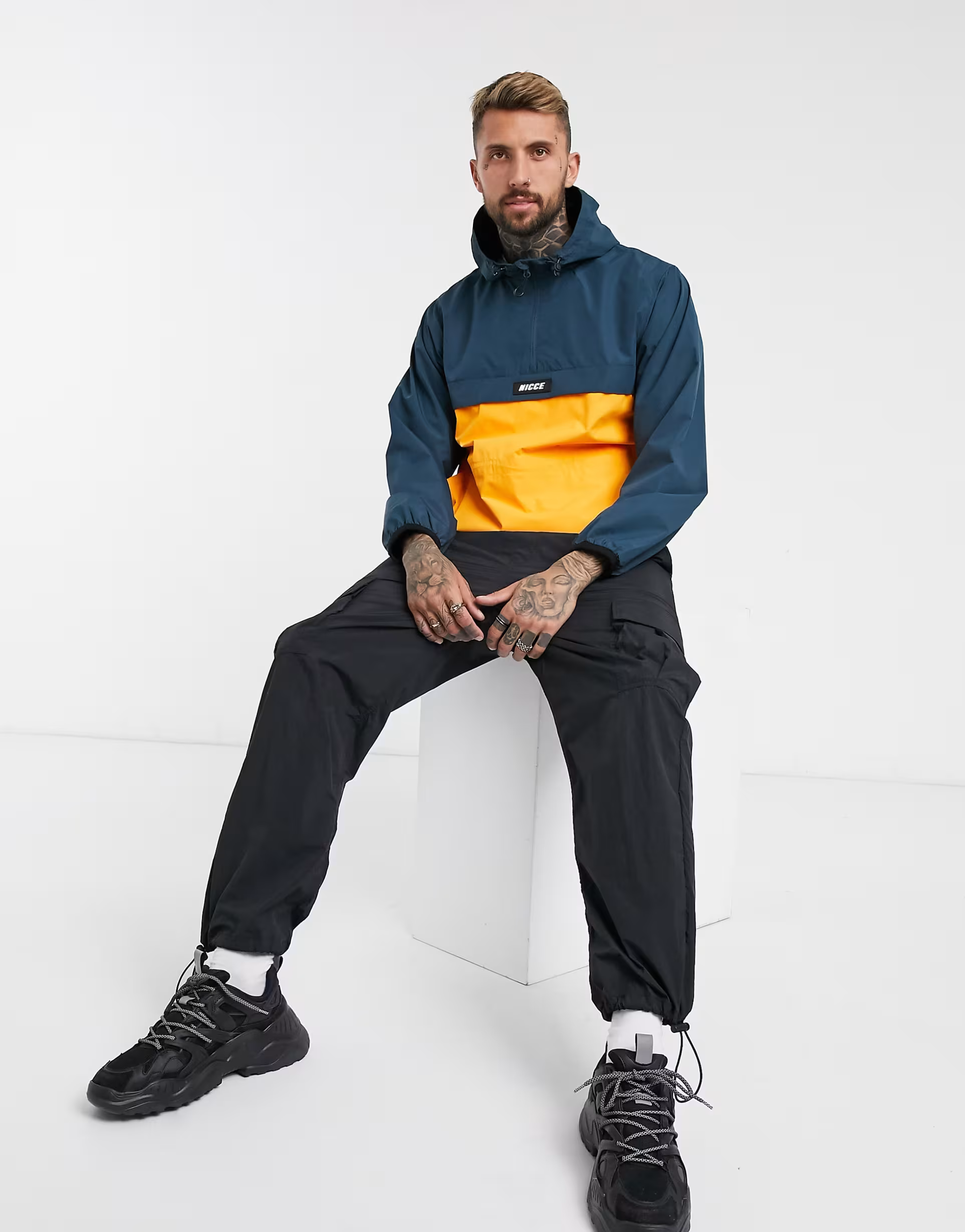 Mens Nicce Truss Hooded Windbreaker Pull Over Jacket In Colourblock