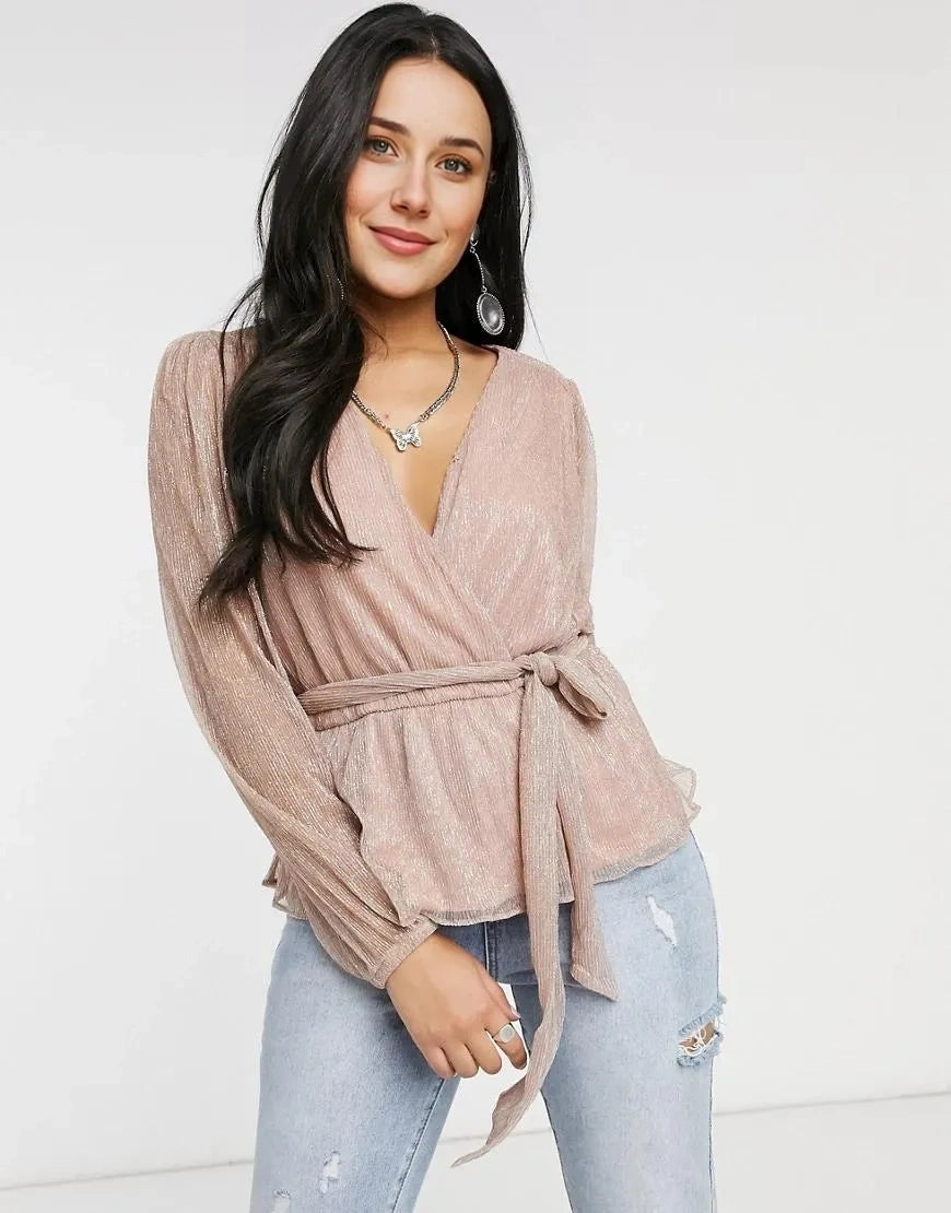 Forever New Womens Plisse Wrap Top With Tie Waist In Pink