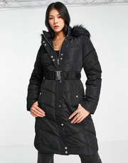 Womens Lipsy Padded Coat With Faux Fur Trim Detail In Black