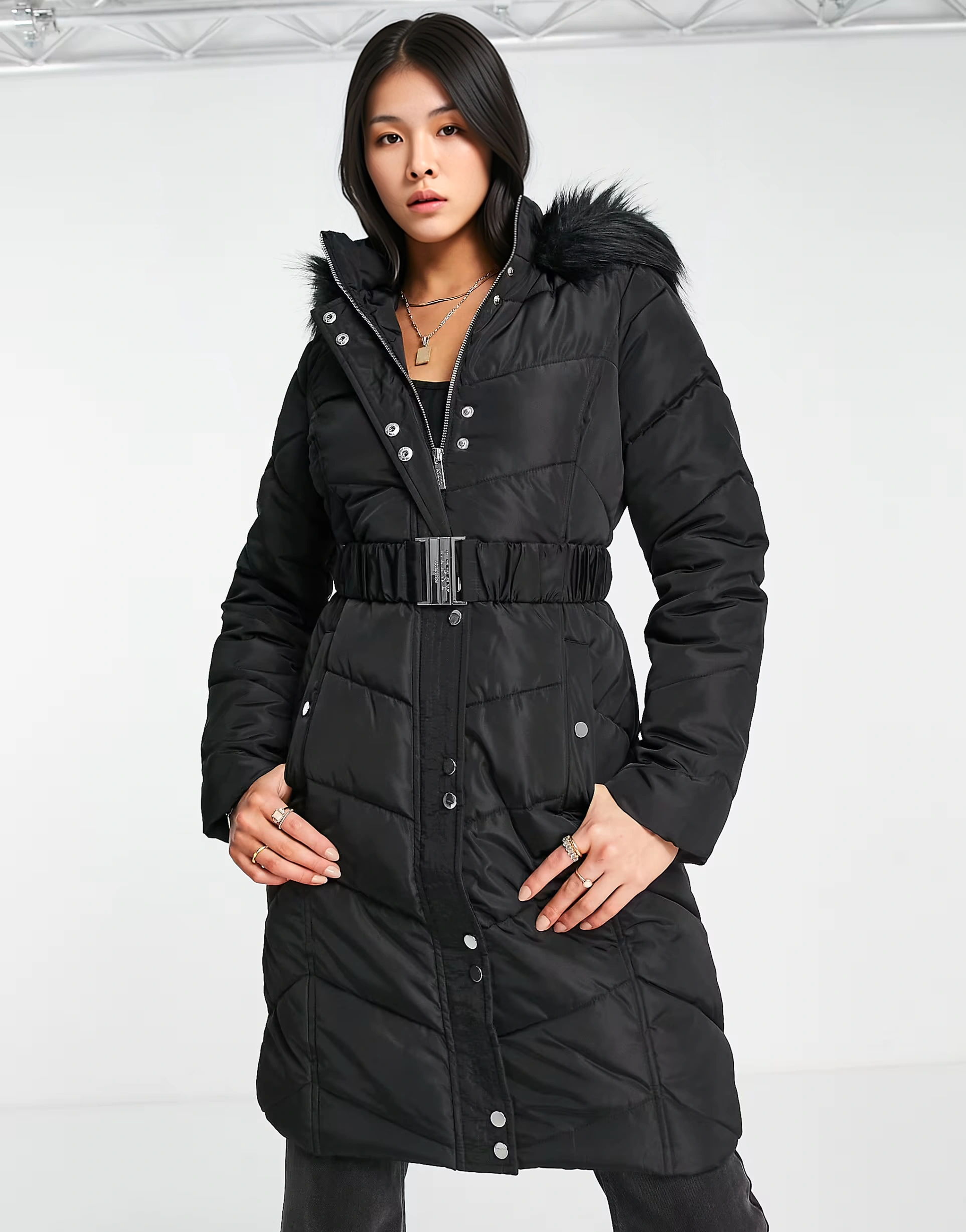 Womens Lipsy Padded Coat With Faux Fur Trim Detail In Black