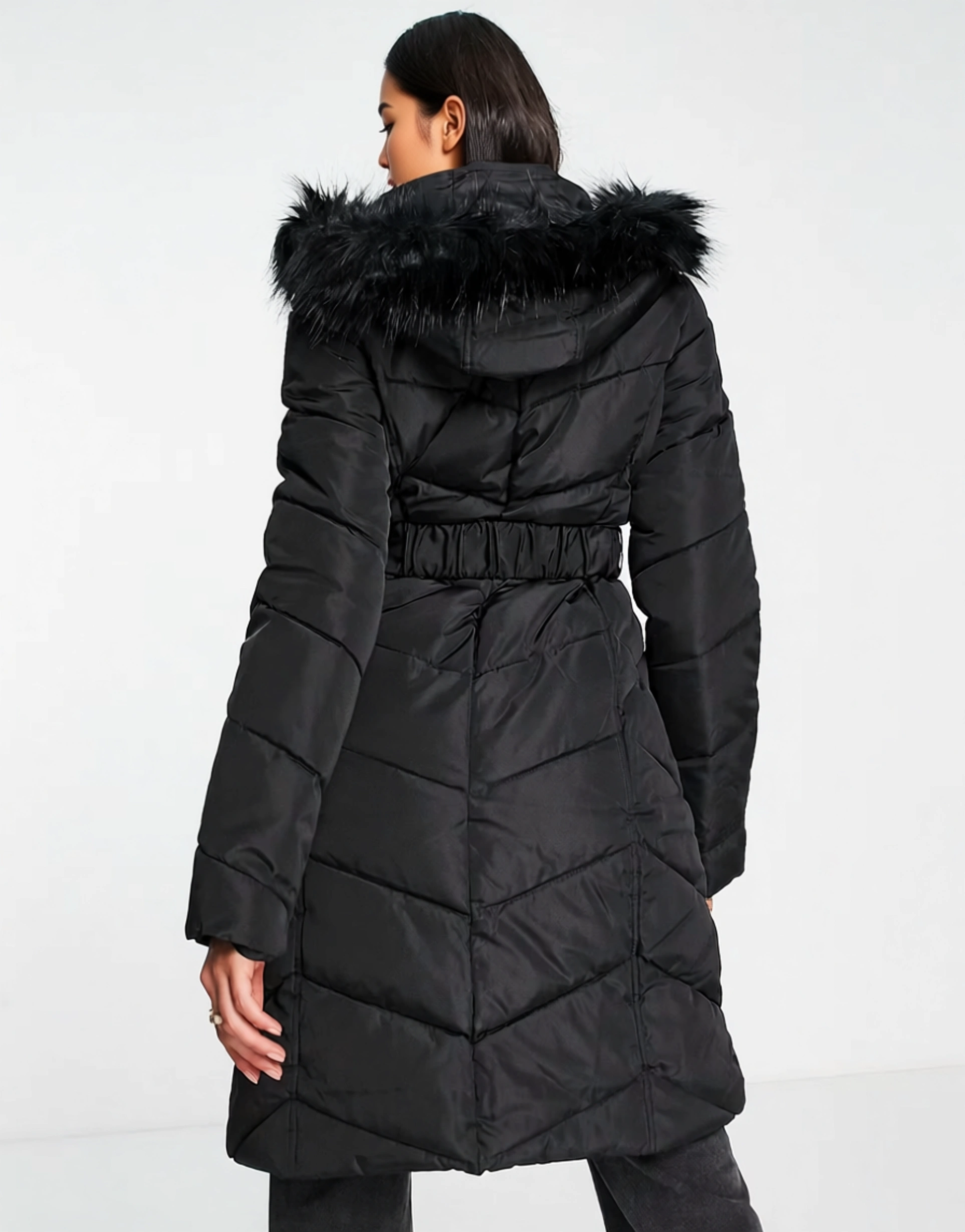 Womens Lipsy Padded Coat With Faux Fur Trim Detail In Black