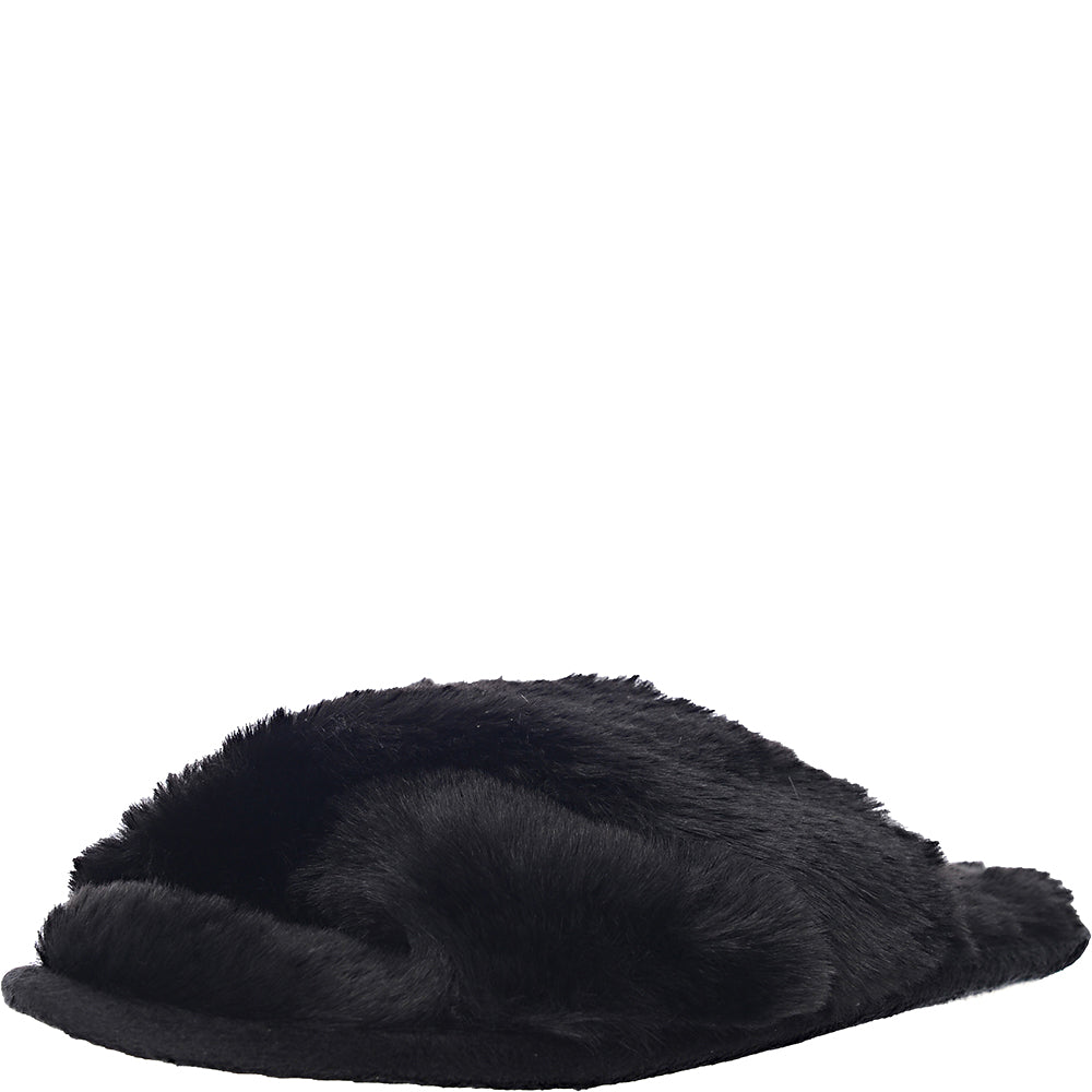 Loungeable Womens Fluffy Cross Front Slider Slipper in Black