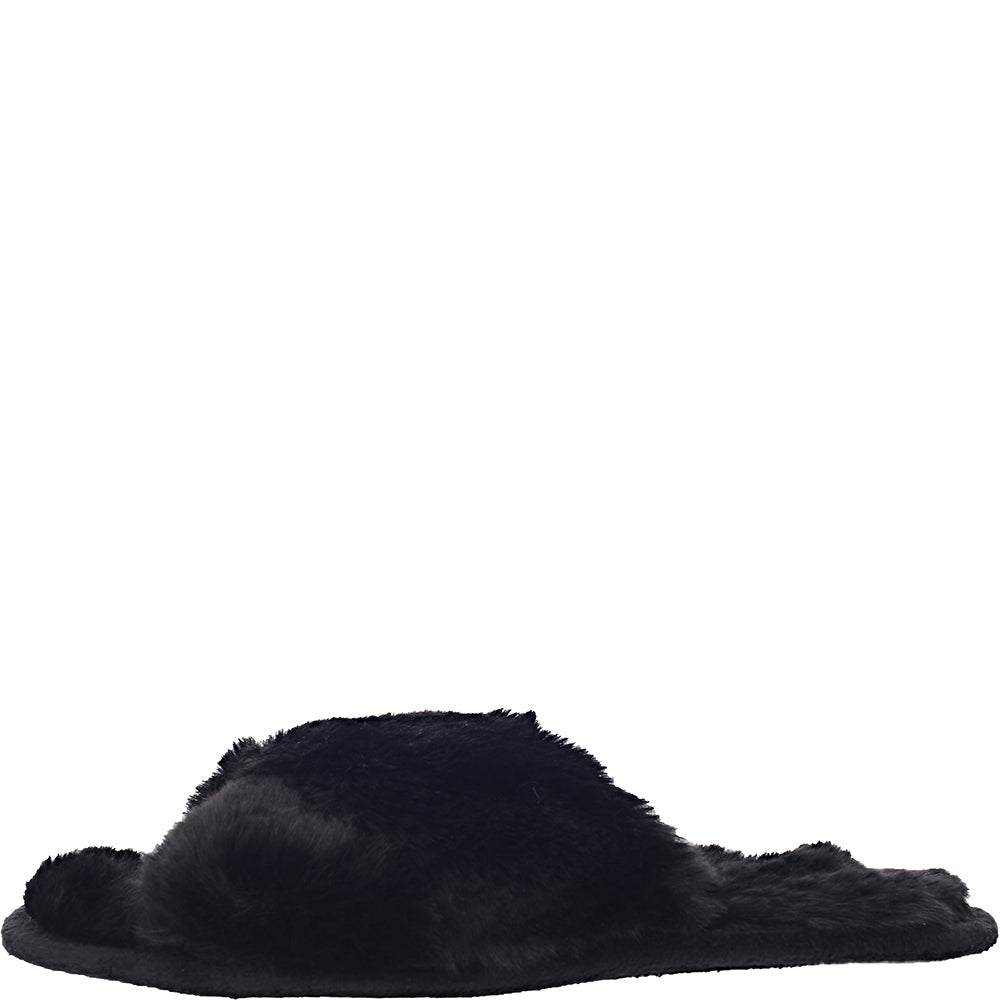 Loungeable Womens Fluffy Cross Front Slider Slipper in Black